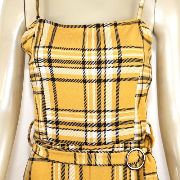 Almost Famous Yellow Black White Plaid Belted Jumpsuit Size Medium - Picture 2 of 5